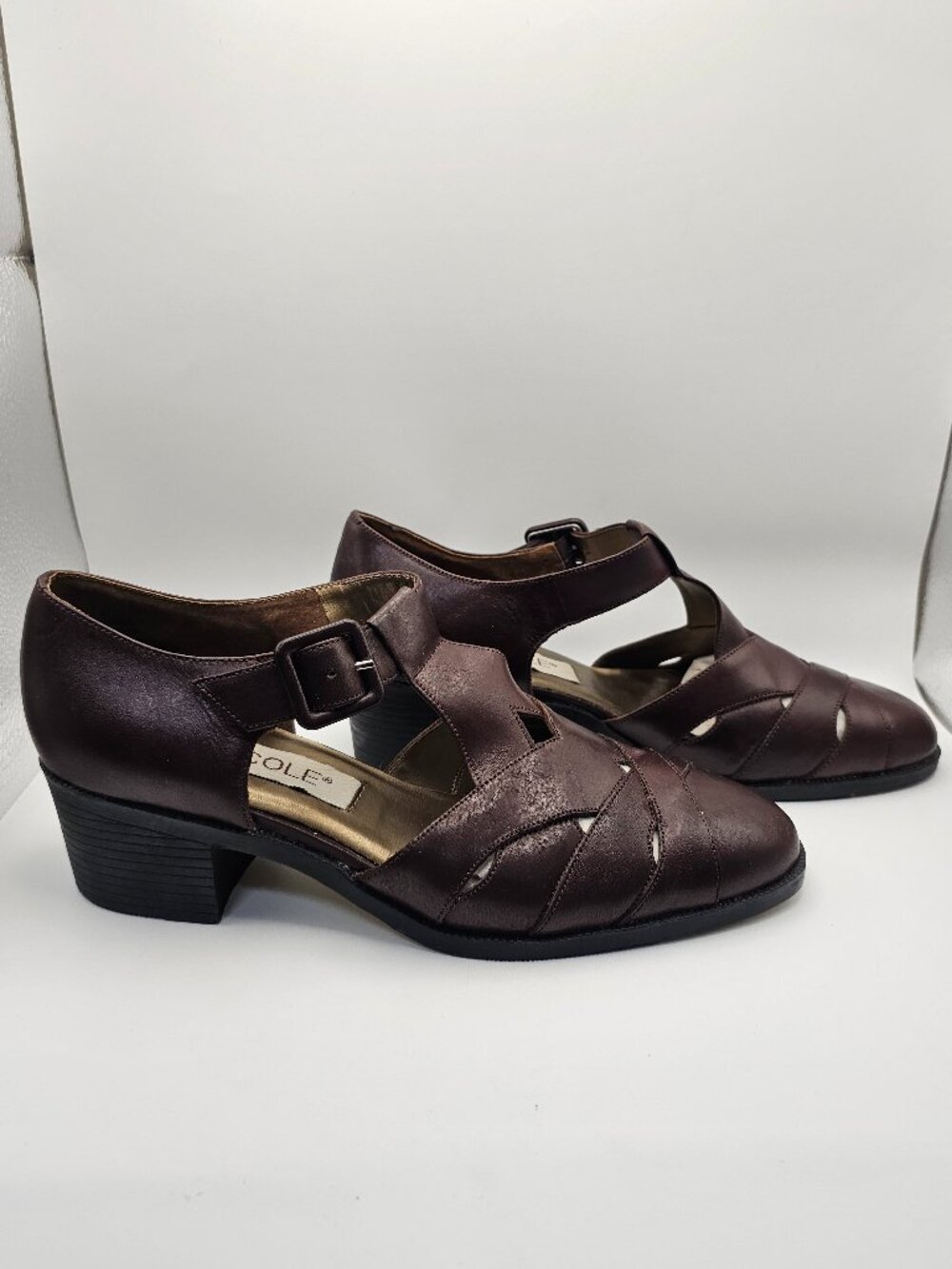 Nicole “Jillian” Dark Brown Leather T‑Strap Woven Pumps – Size 8M, Vintage - Picture 3 of 8